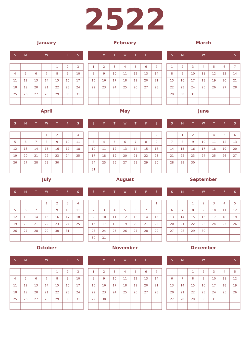 Printable 2522 Year Calendars cordovan