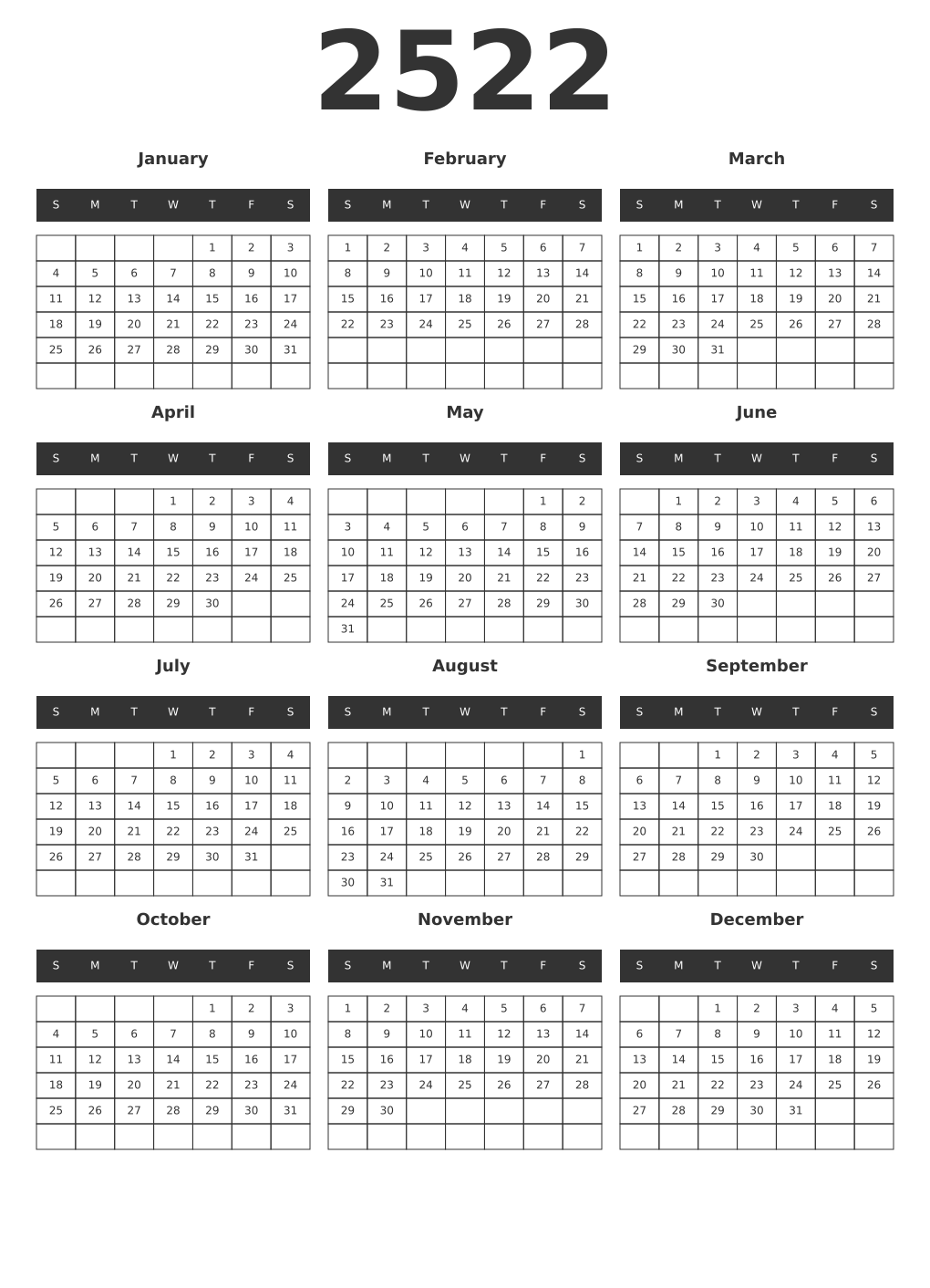 Printable 2522 Year Calendars dark