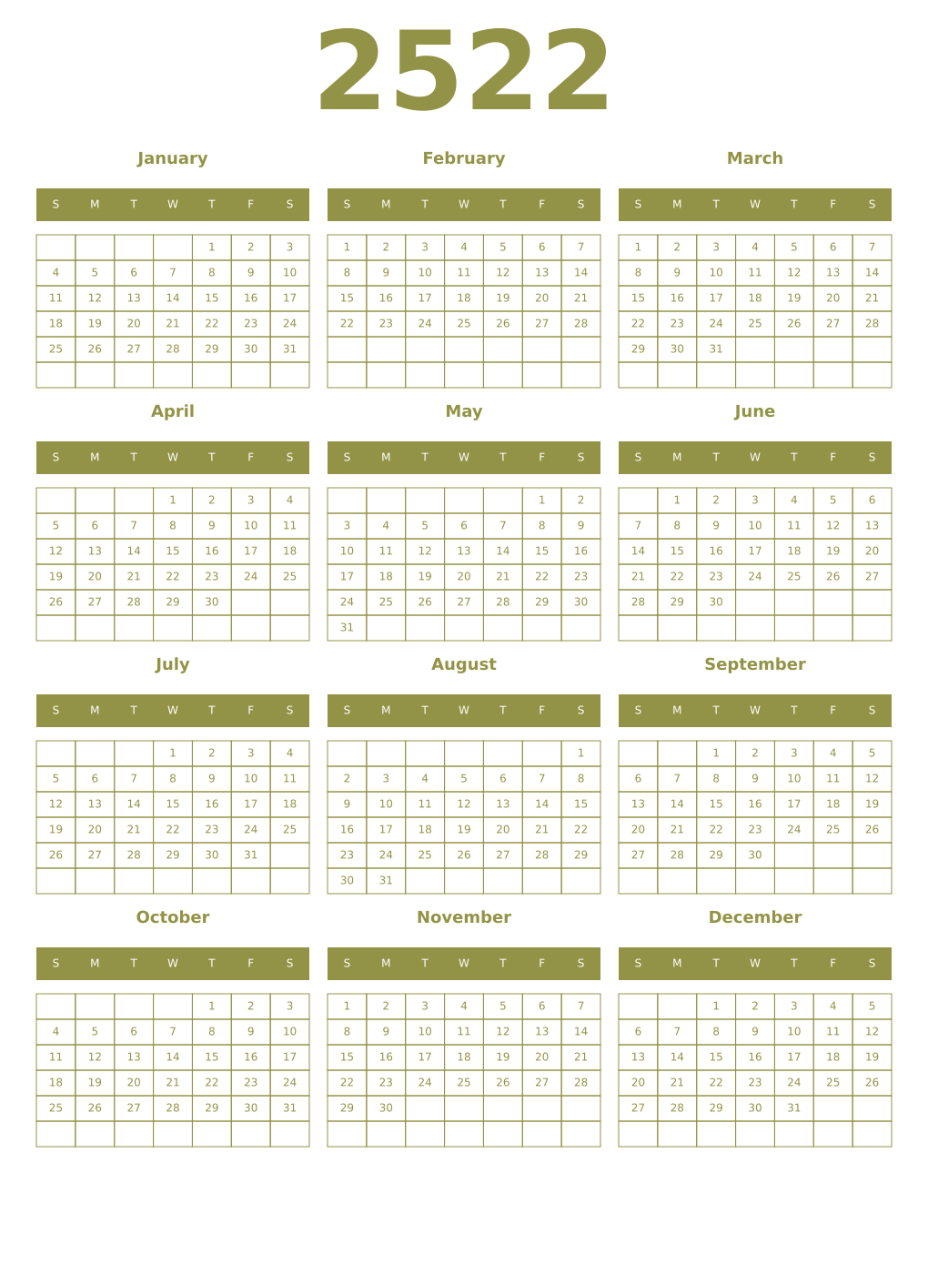 Printable 2522 Year Calendars eburnean