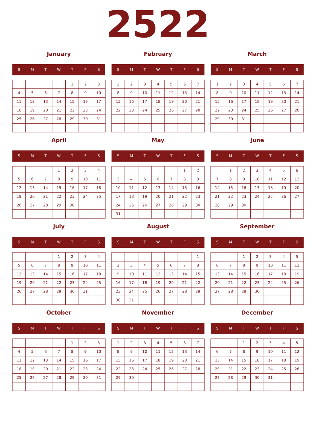 Printable 2522 Year Calendars falu