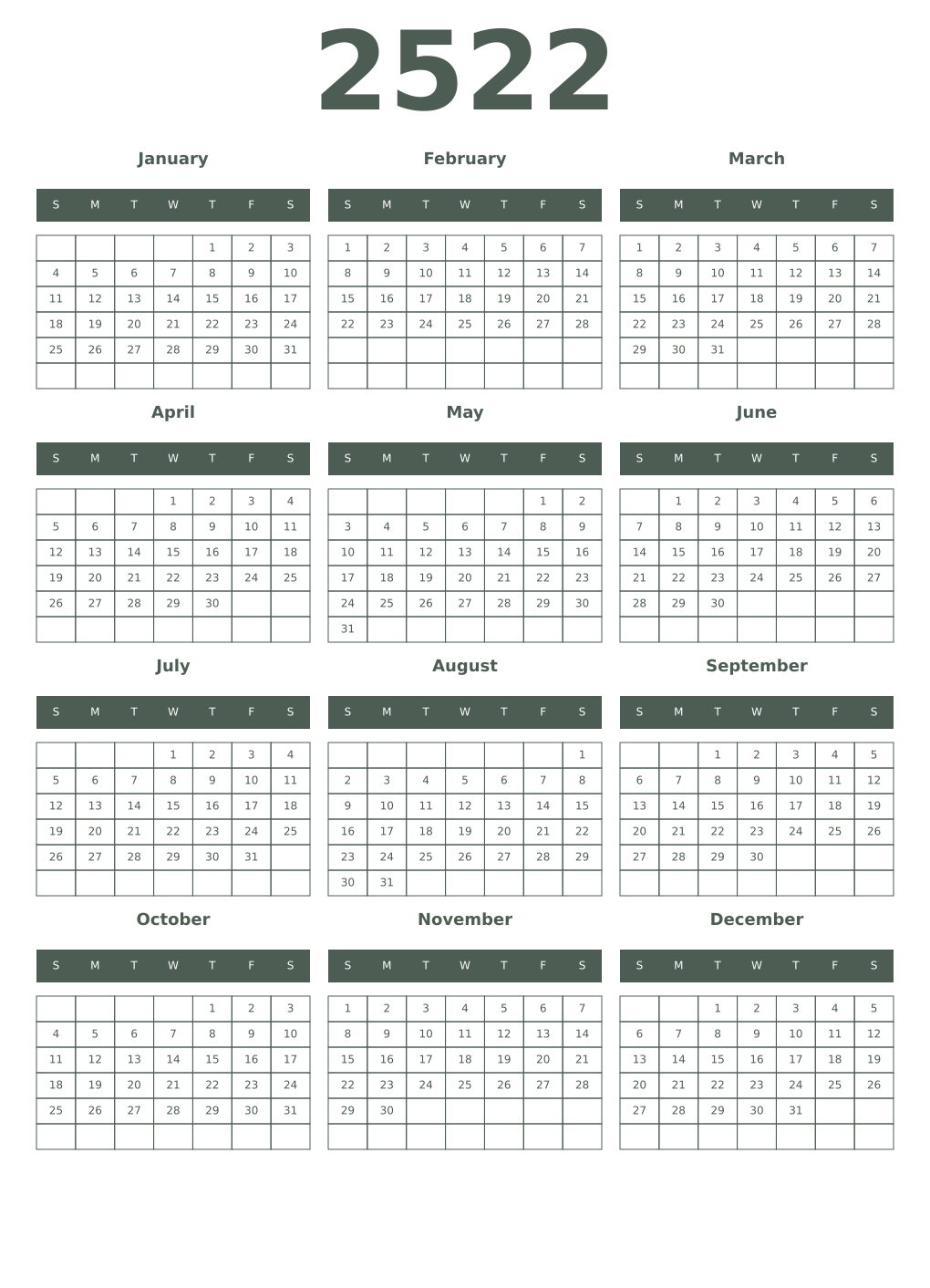 Printable 2522 Year Calendars feldgrau