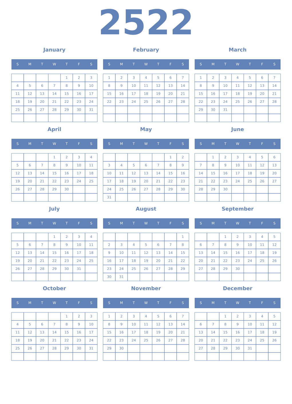 Printable 2522 Year Calendars glaucous