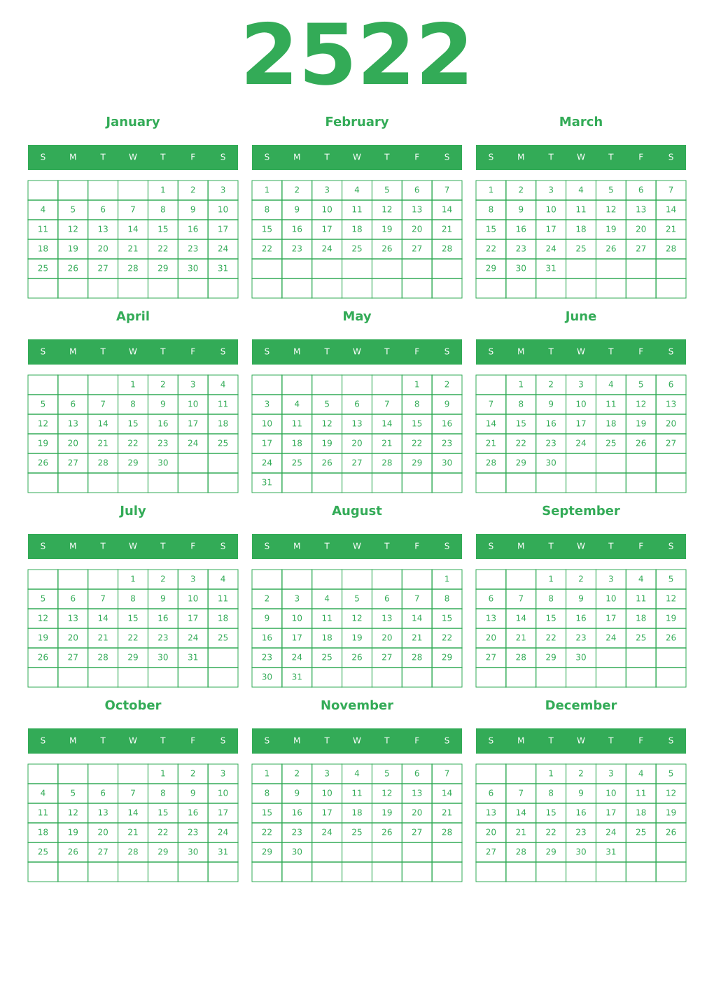 Printable 2522 Year Calendars green
