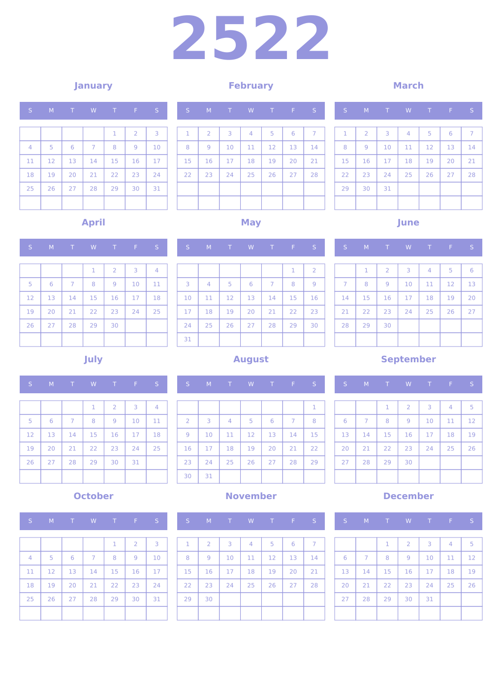 Printable 2522 Year Calendars periwinkle