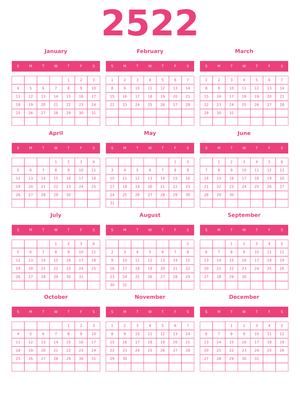 Printable 2522 Year Calendars pink