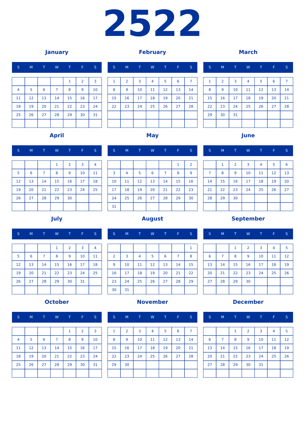 Printable 2522 Year Calendars smalt