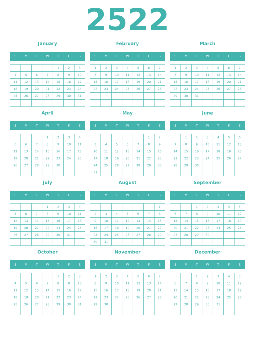 Printable 2522 Year Calendars verdigris