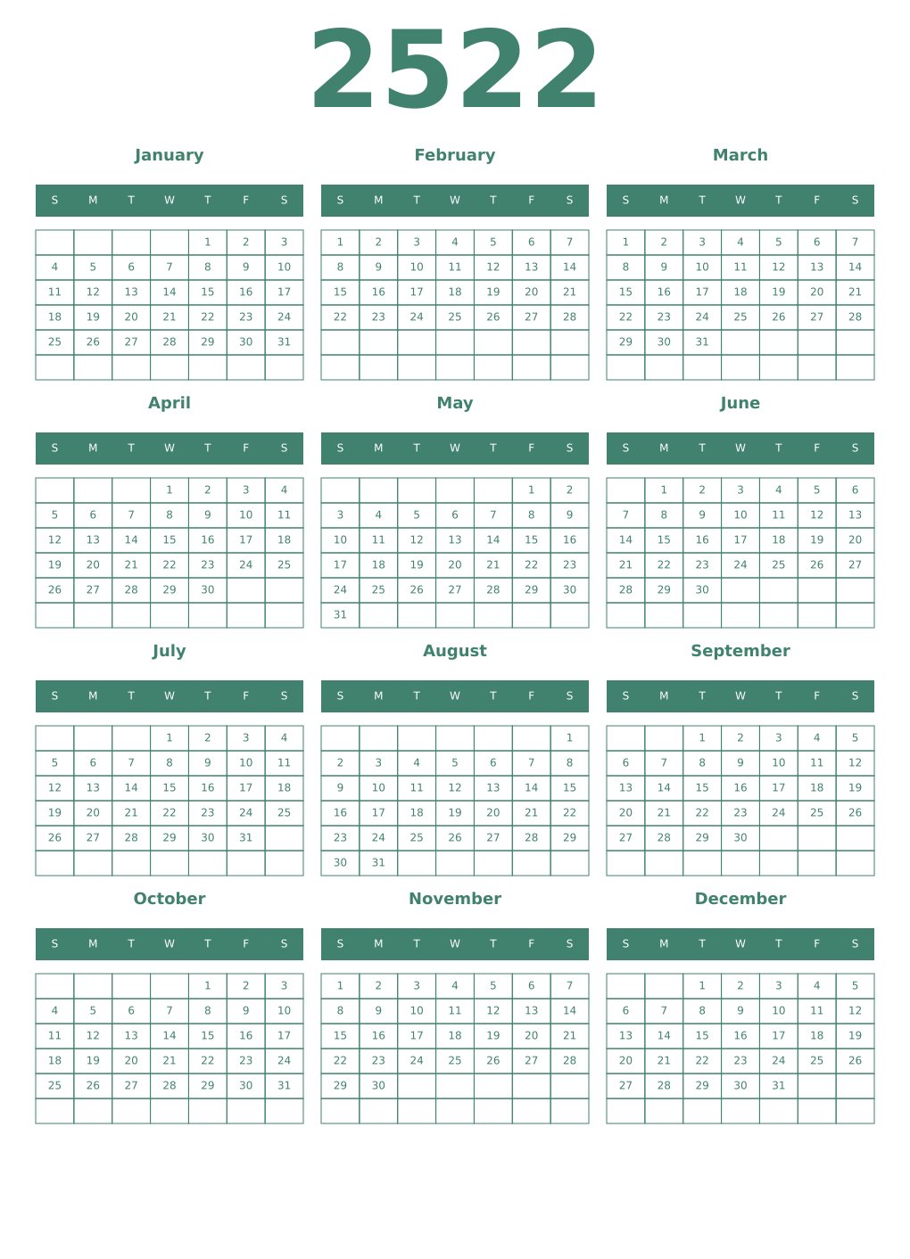 Printable 2522 Year Calendars viridian