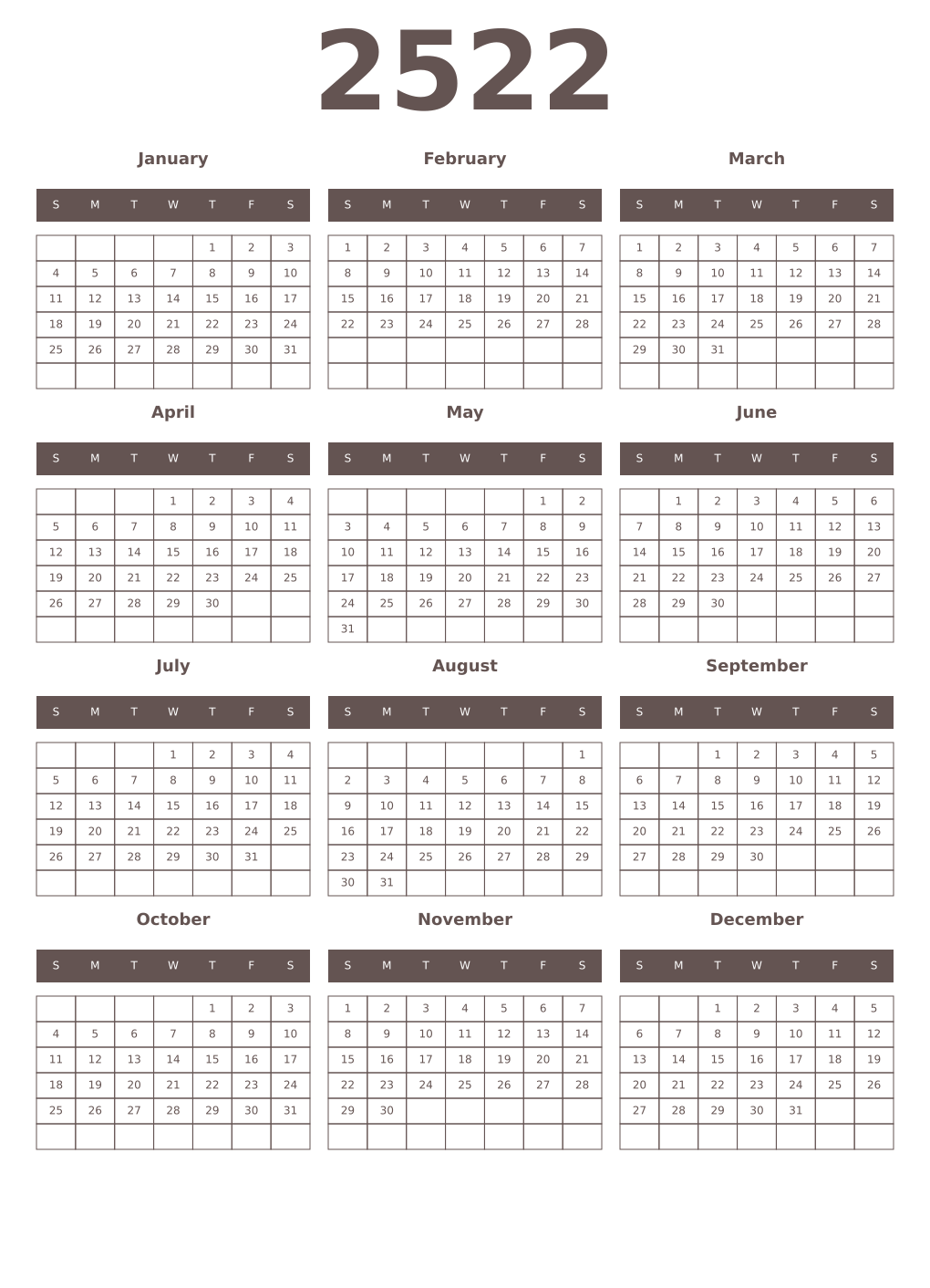 Printable 2522 Year Calendars wenge