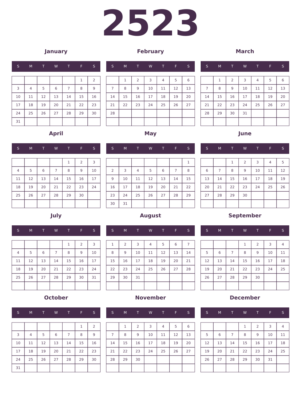 Printable 2523 Year Calendars aubergine