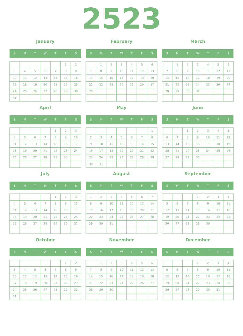 Printable 2523 Year Calendars celadon