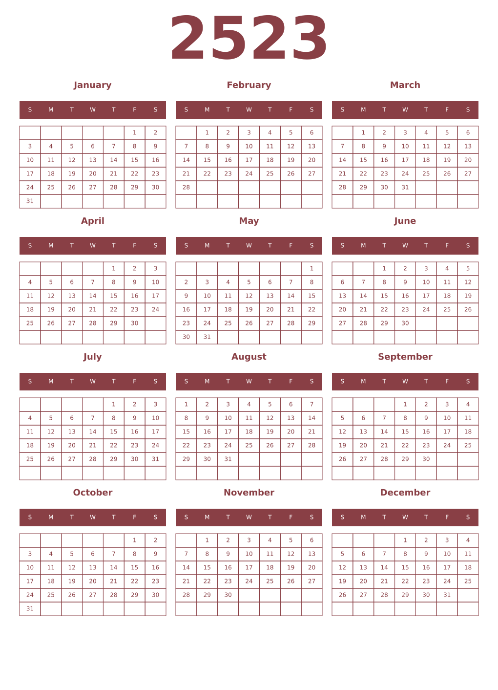 Printable 2523 Year Calendars cordovan