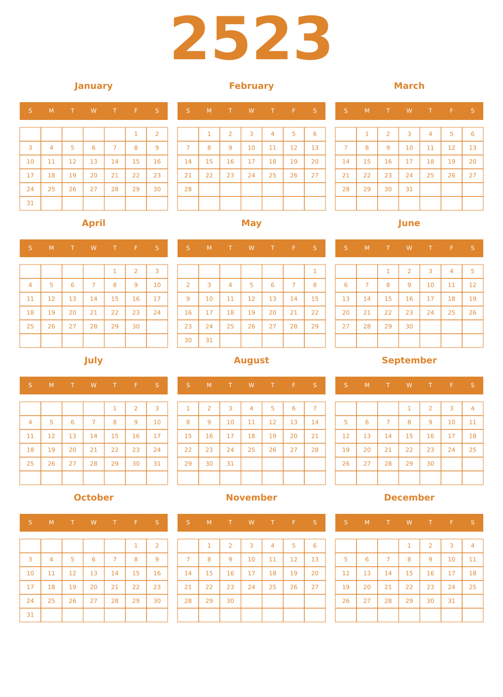 Printable 2523 Year Calendars orange