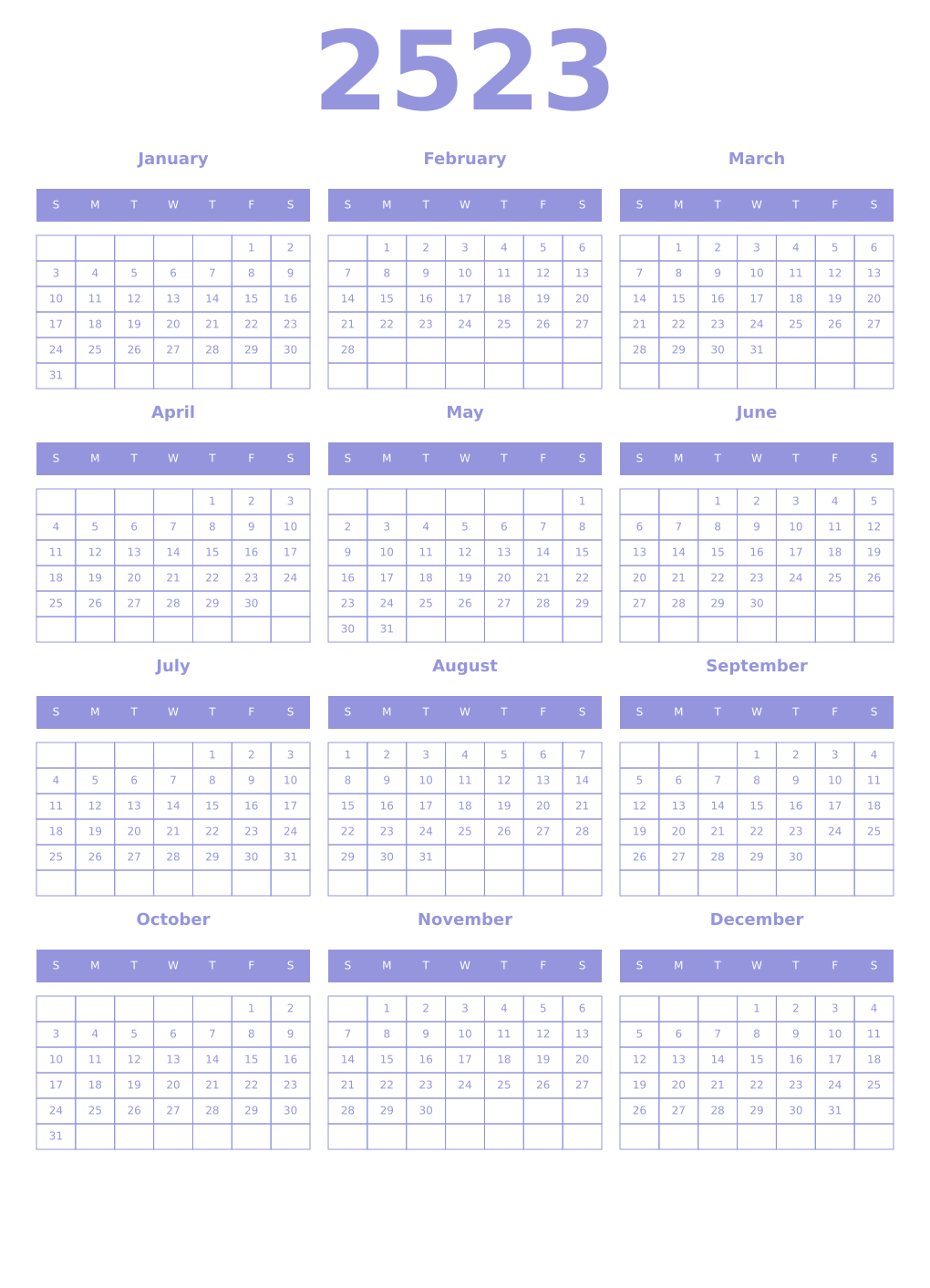 Printable 2523 Year Calendars periwinkle