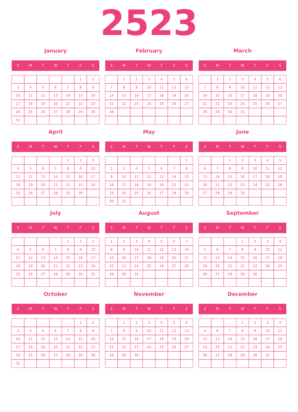 Printable 2523 Year Calendars pink