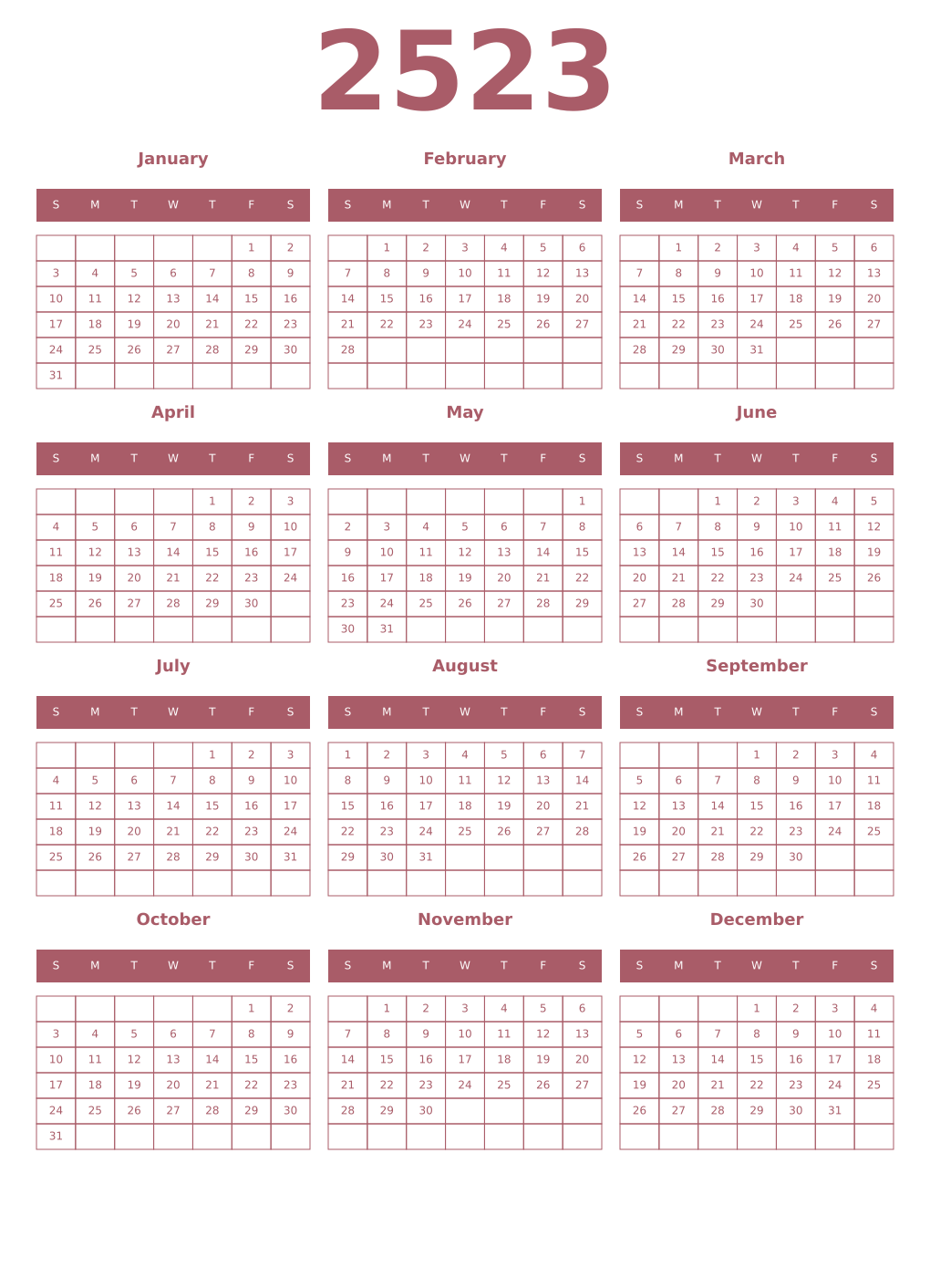 Printable 2523 Year Calendars puce