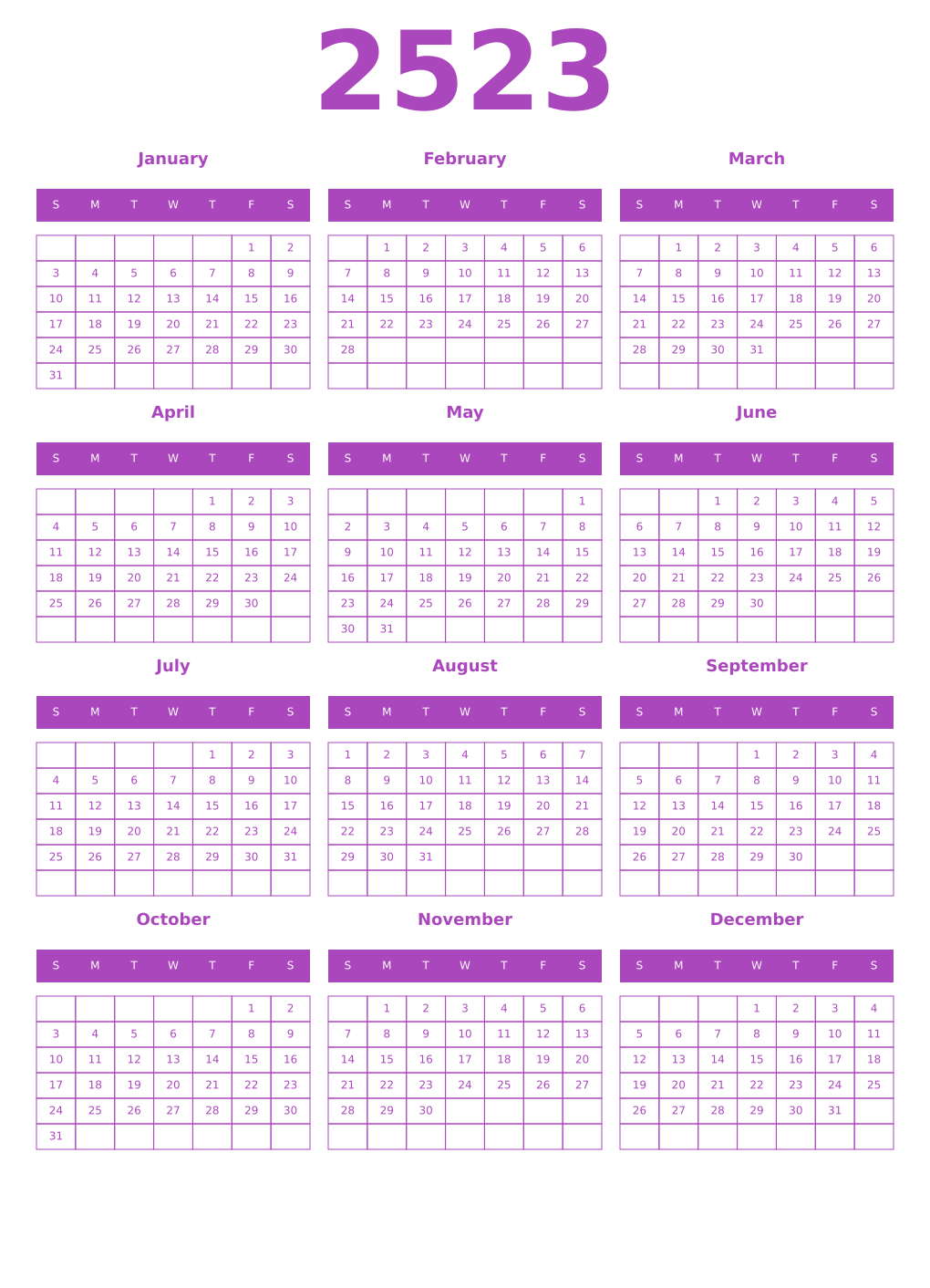 Printable 2523 Year Calendars purple