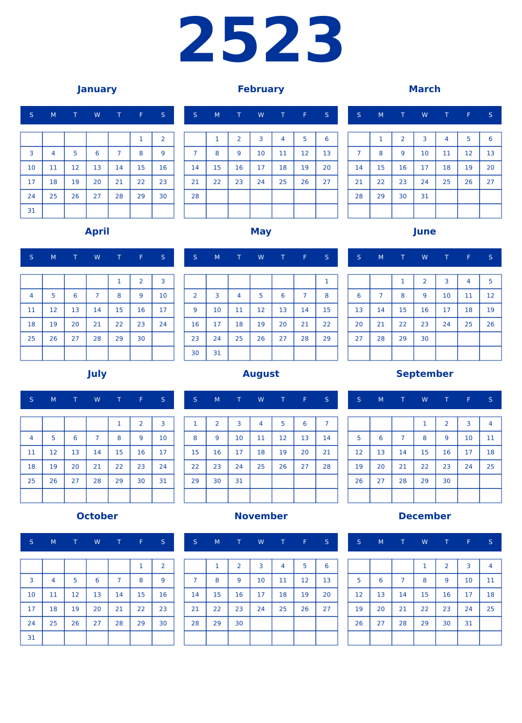 Printable 2523 Year Calendars smalt