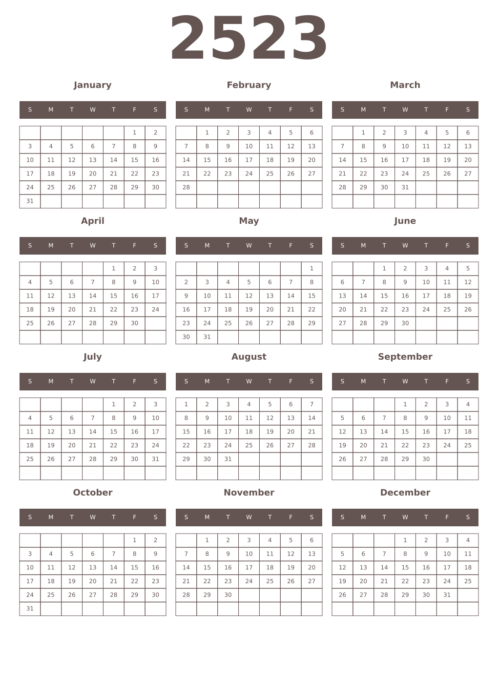 Printable 2523 Year Calendars wenge