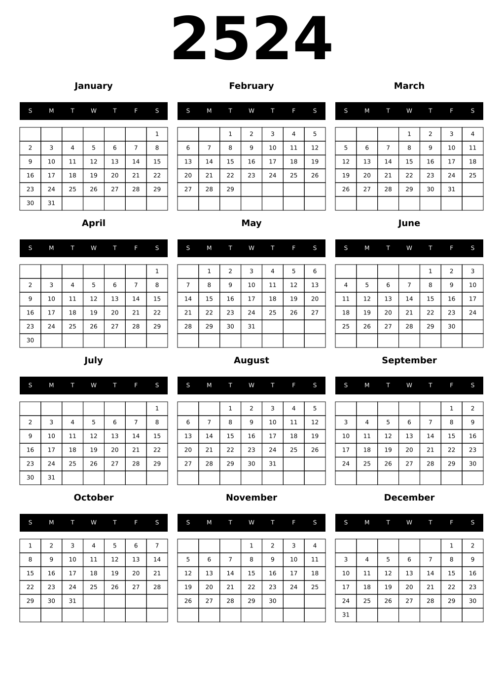 Printable 2524 Year Calendars black