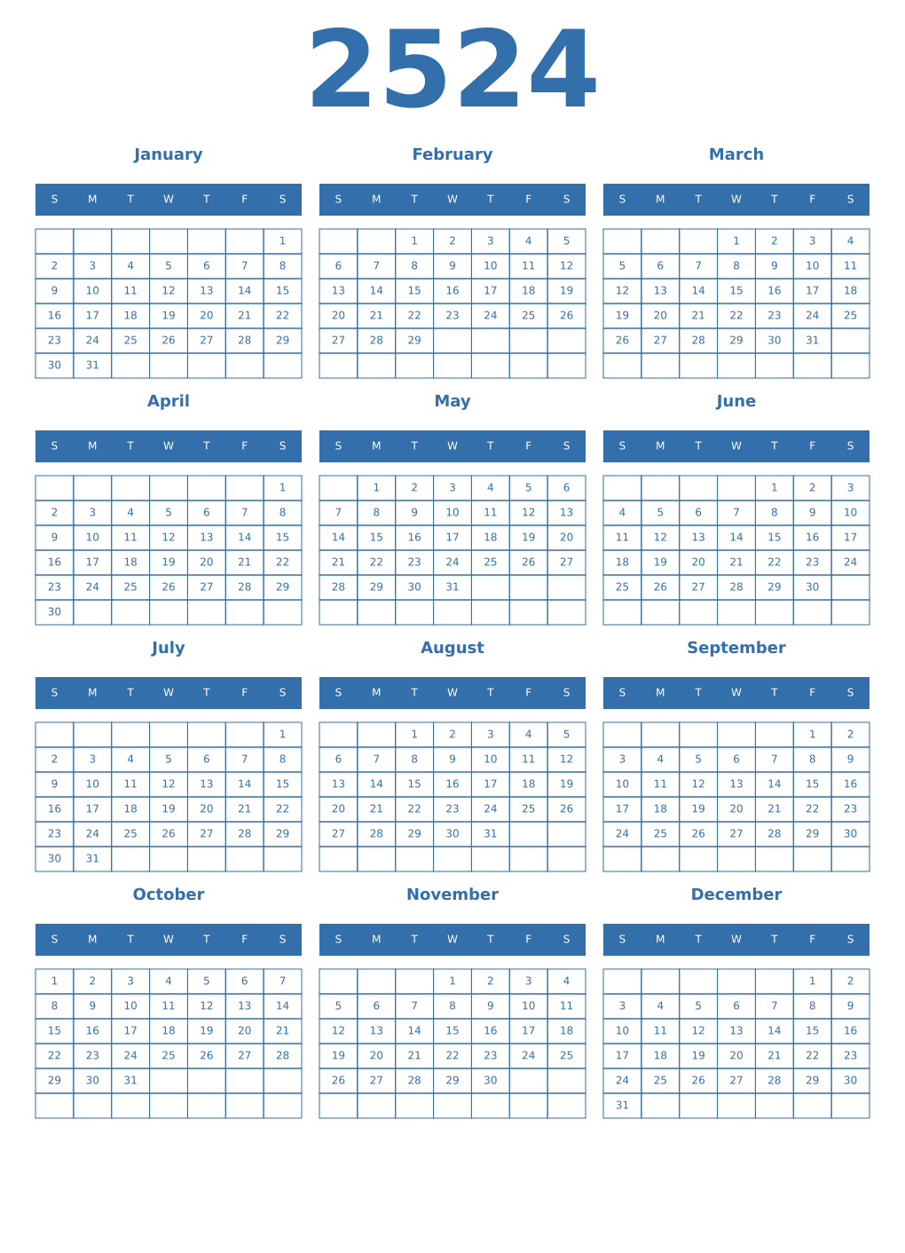 Printable 2524 Year Calendars blue