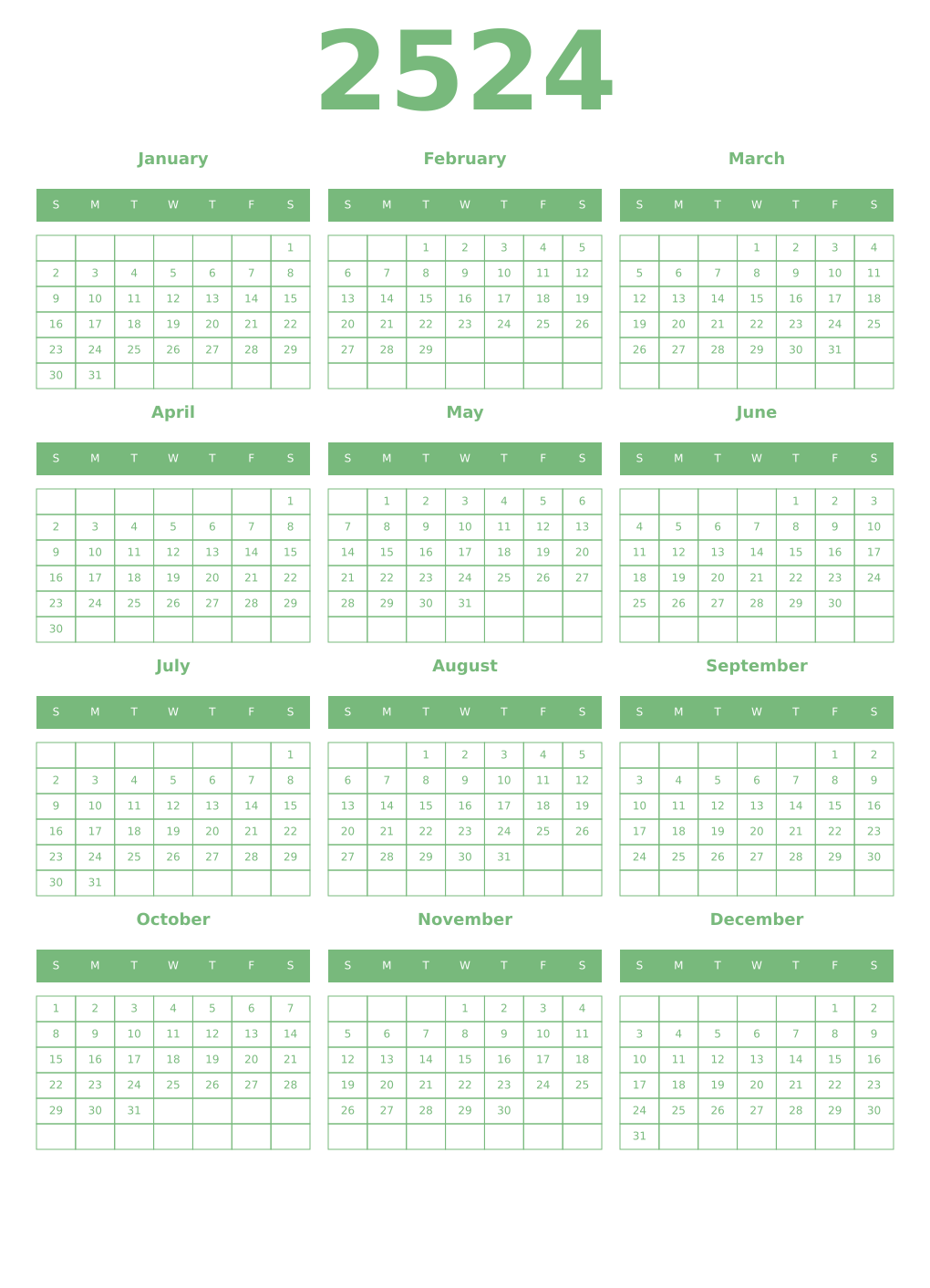 Printable 2524 Year Calendars celadon