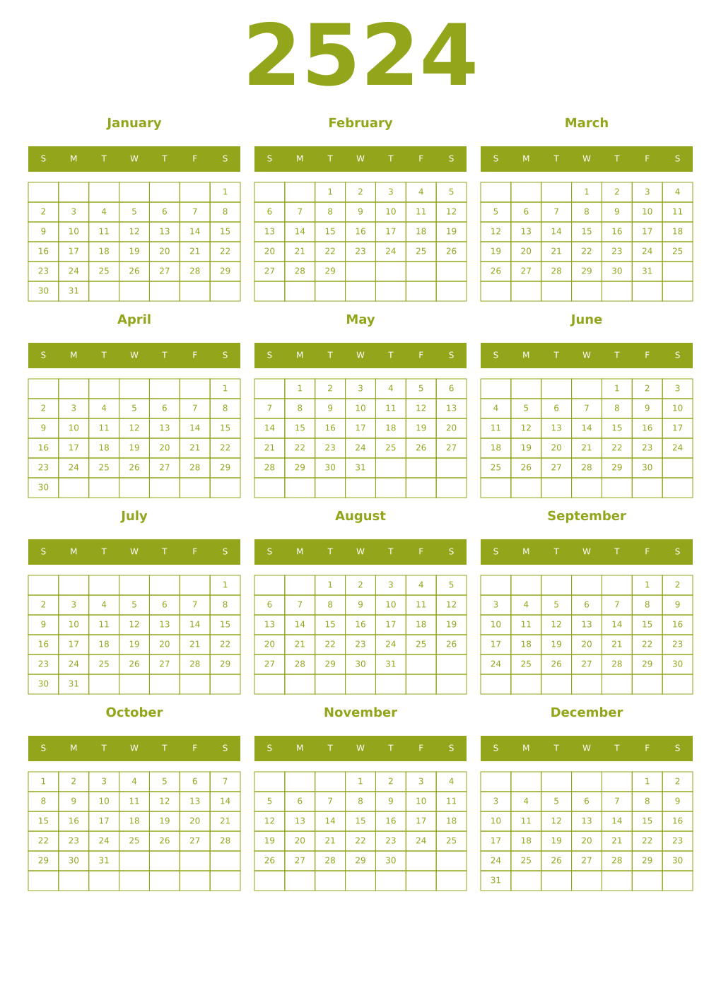 Printable 2524 Year Calendars chartreuse