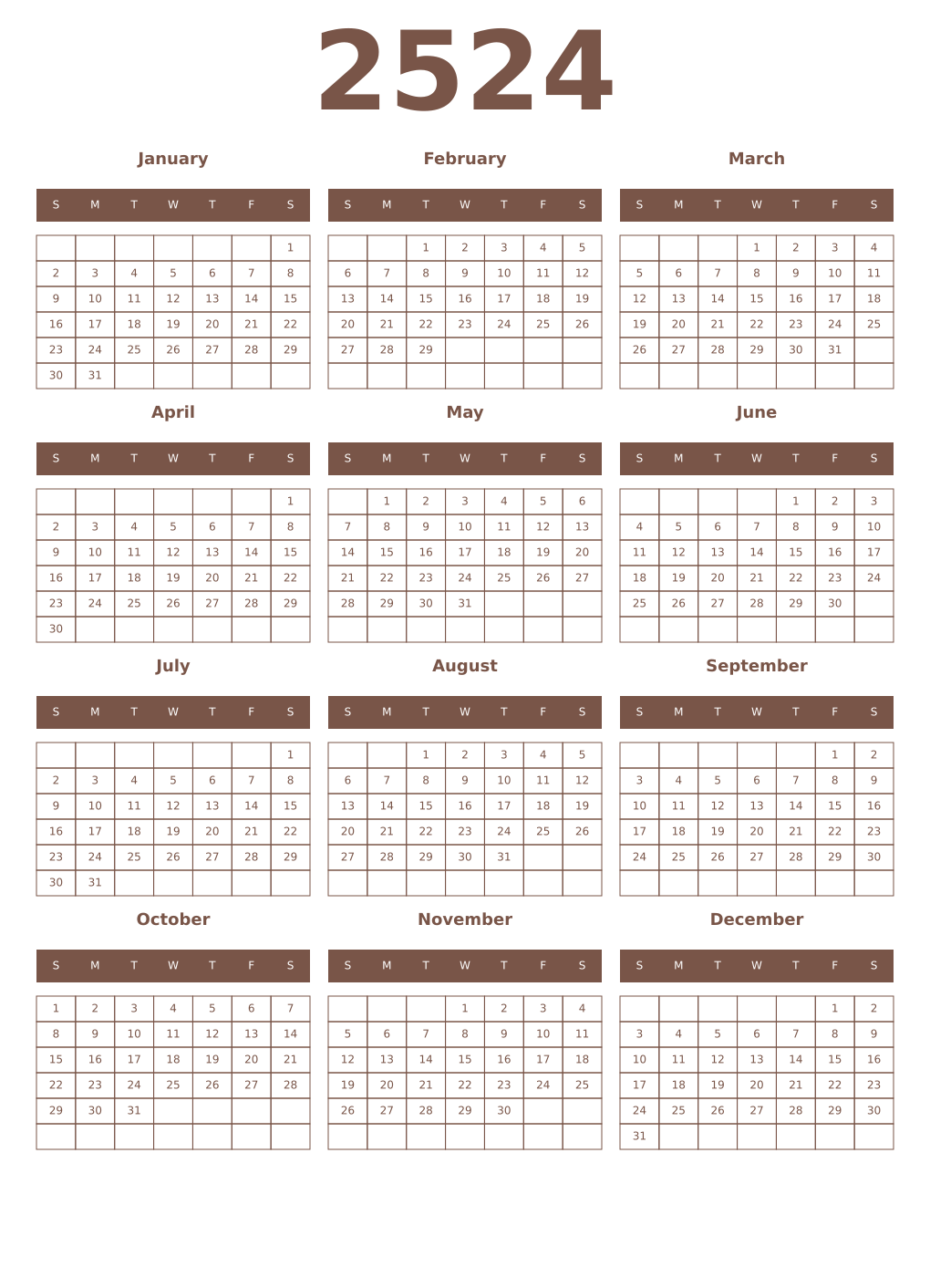 Printable 2524 Year Calendars coffe