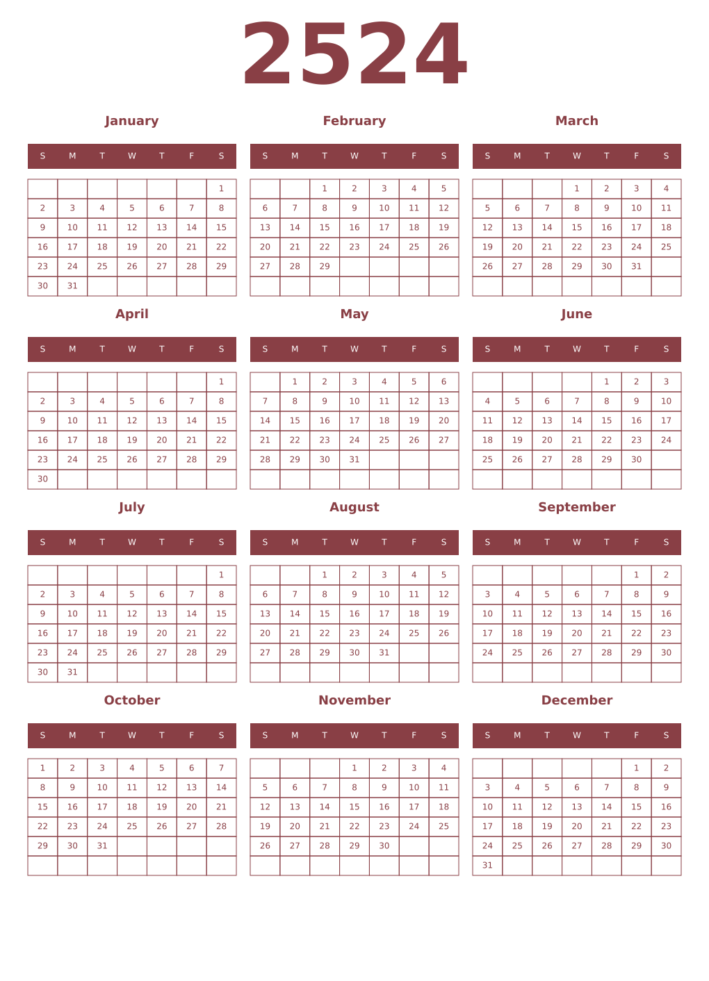 Printable 2524 Year Calendars cordovan