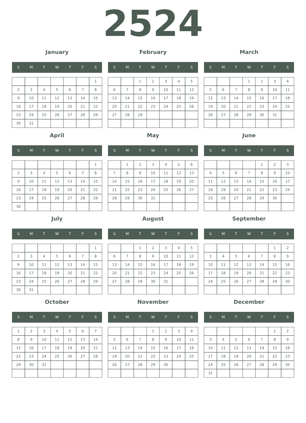 Printable 2524 Year Calendars feldgrau