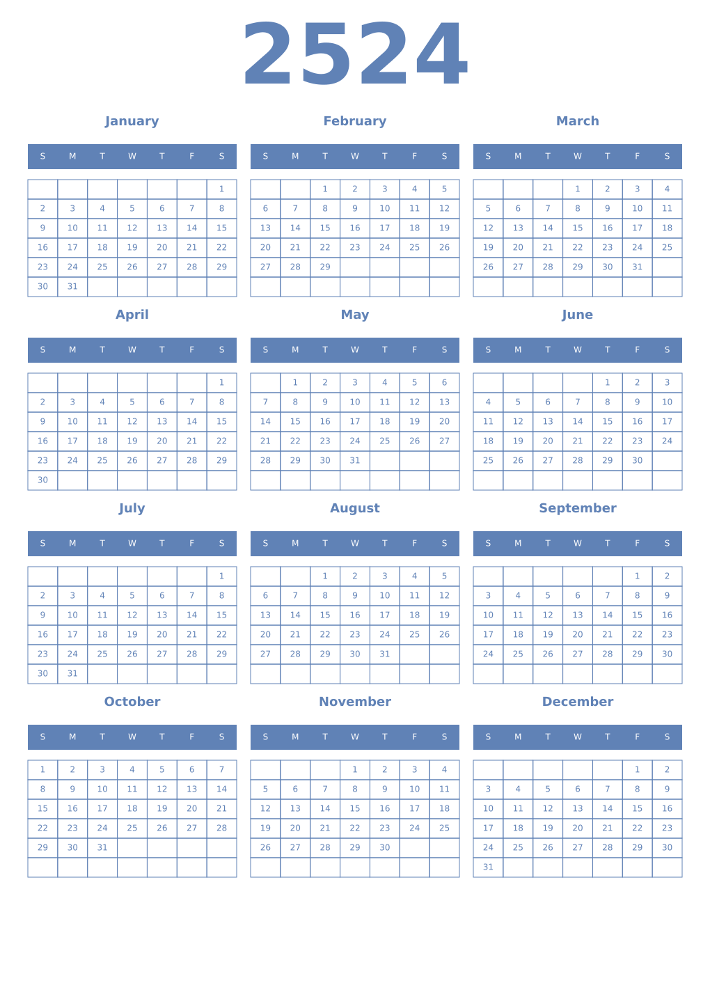 Printable 2524 Year Calendars glaucous