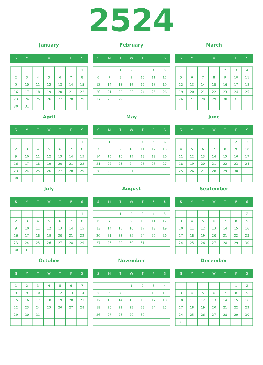 Printable 2524 Year Calendars green