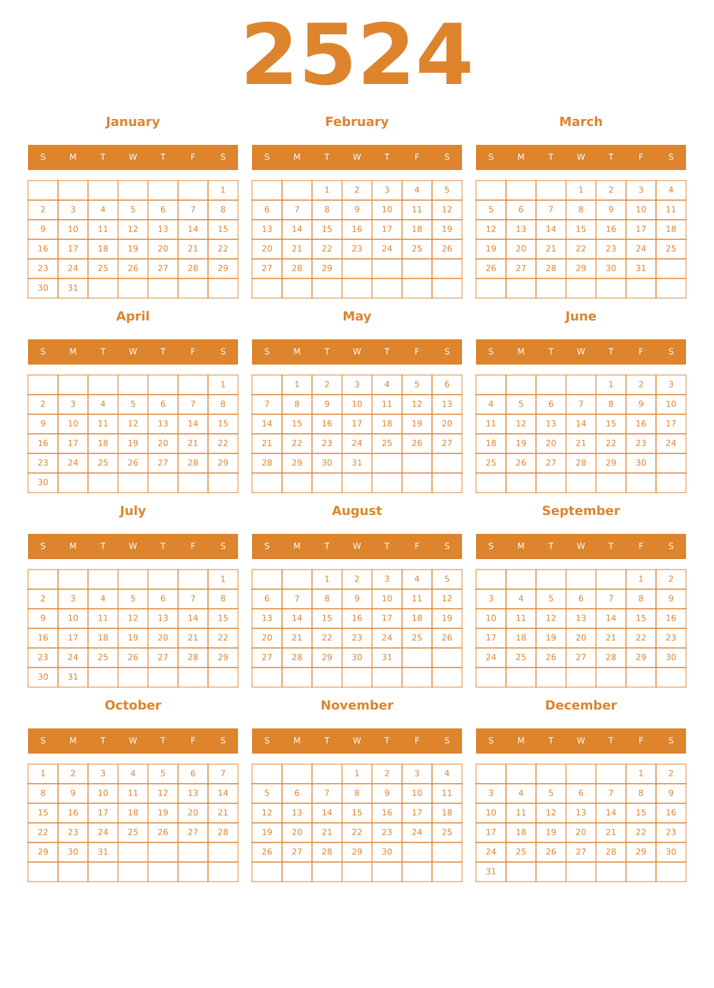 Printable 2524 Year Calendars orange