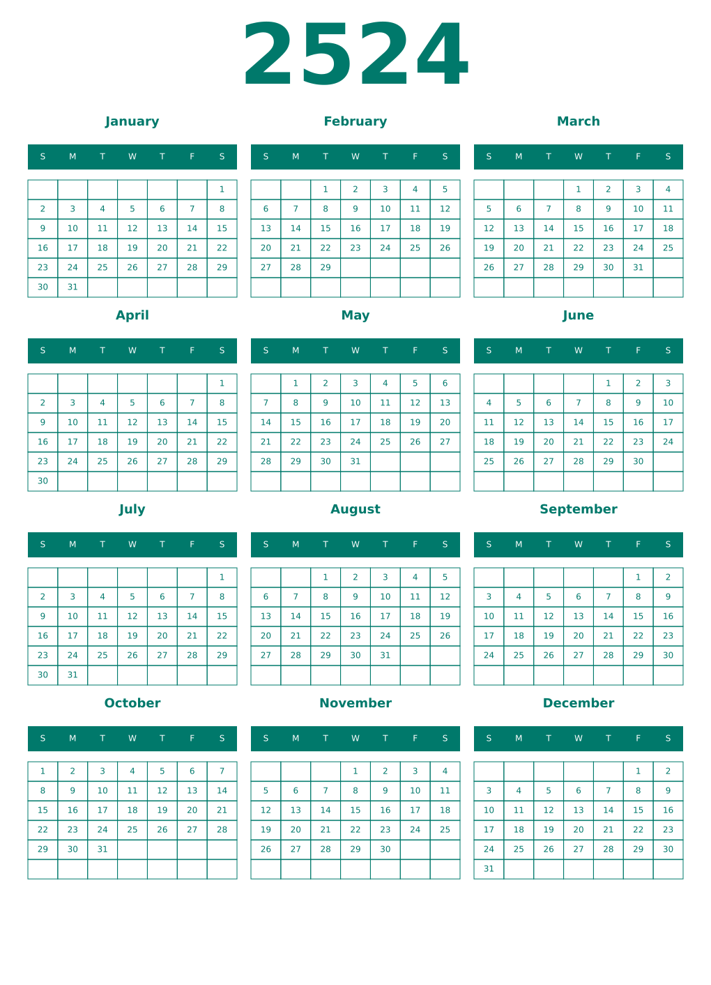 Printable 2524 Year Calendars pastel