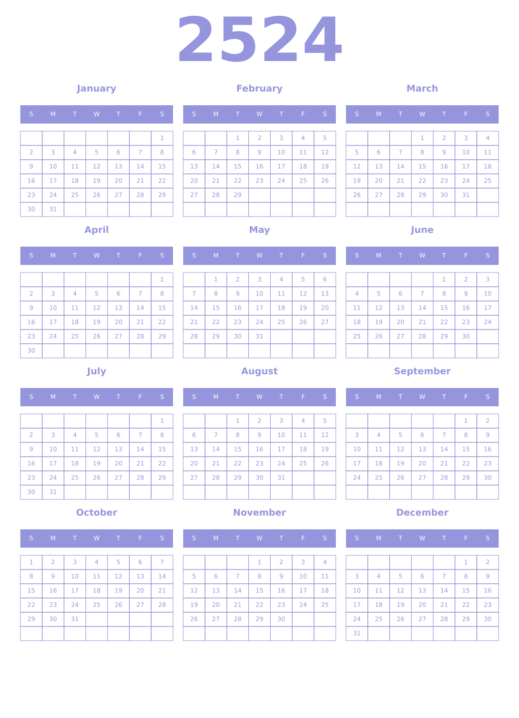 Printable 2524 Year Calendars periwinkle