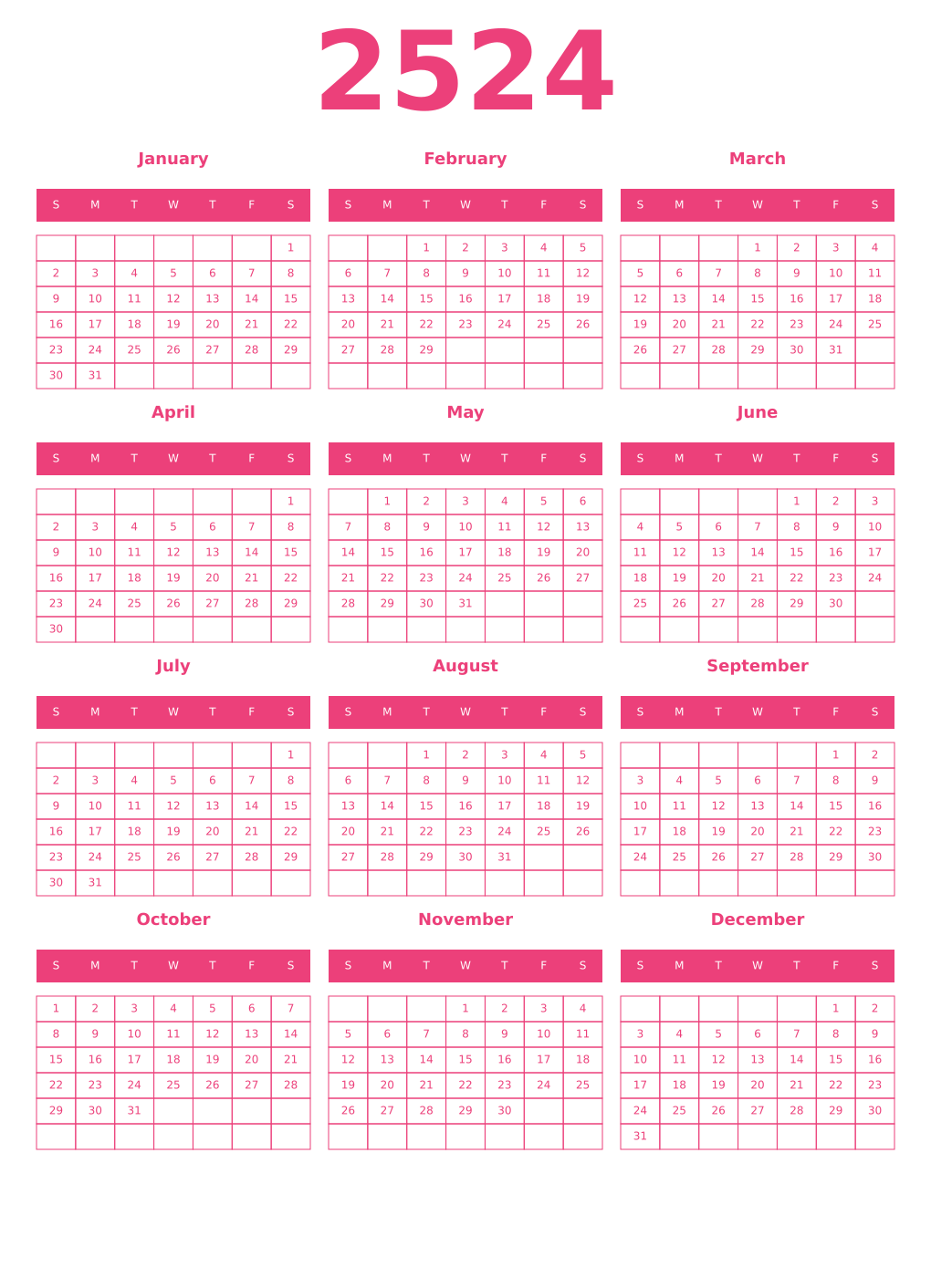 Printable 2524 Year Calendars pink