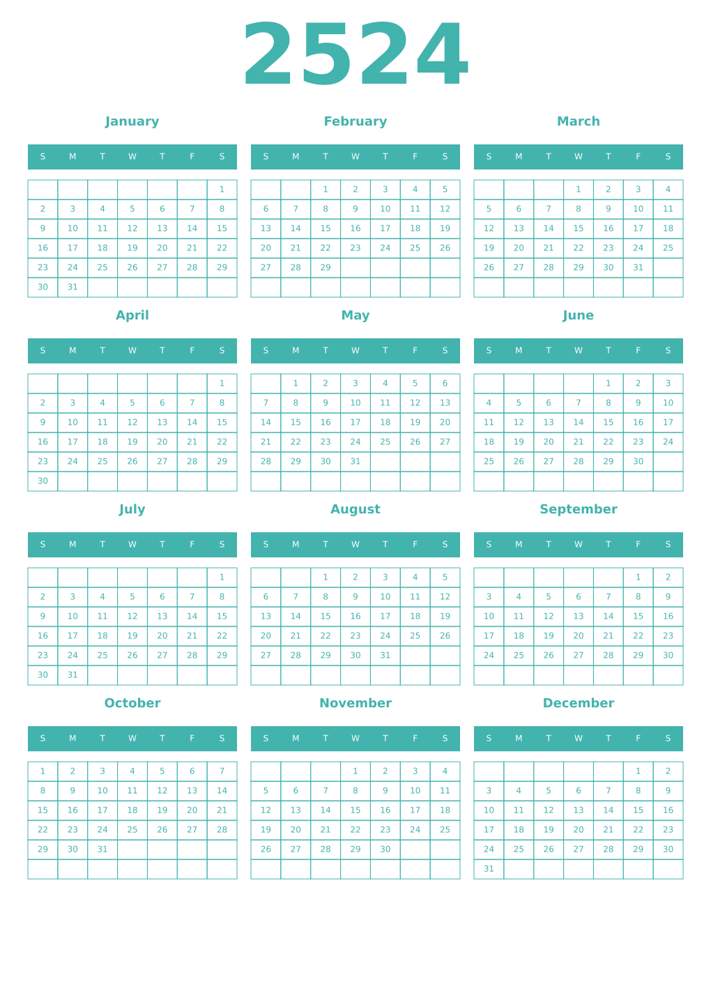 Printable 2524 Year Calendars verdigris