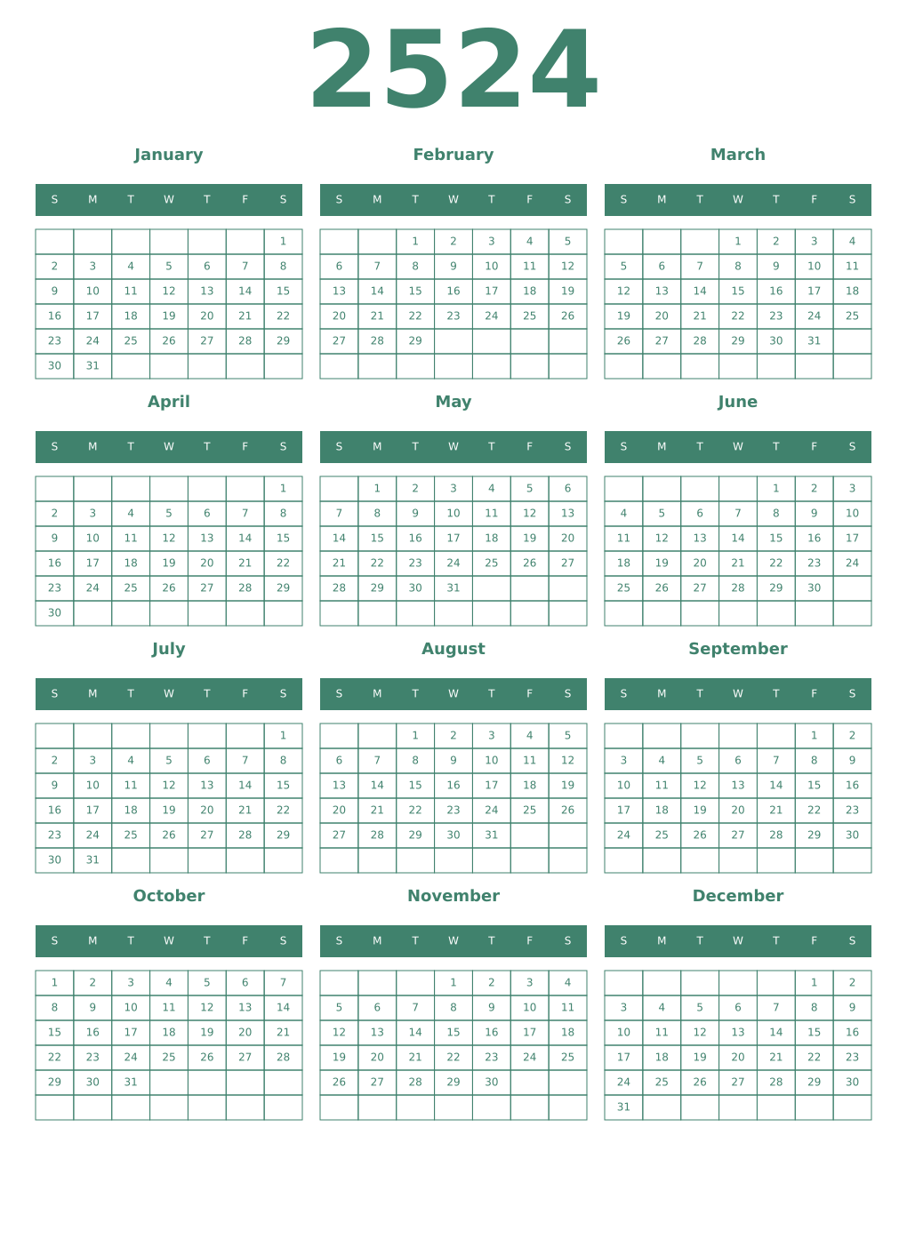 Printable 2524 Year Calendars viridian