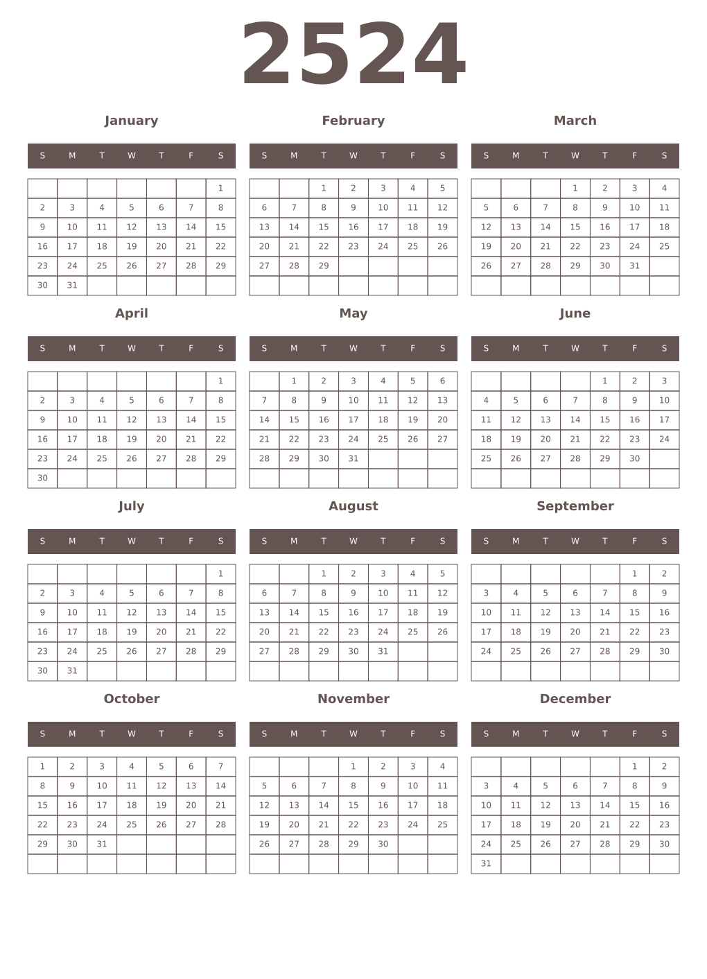 Printable 2524 Year Calendars wenge