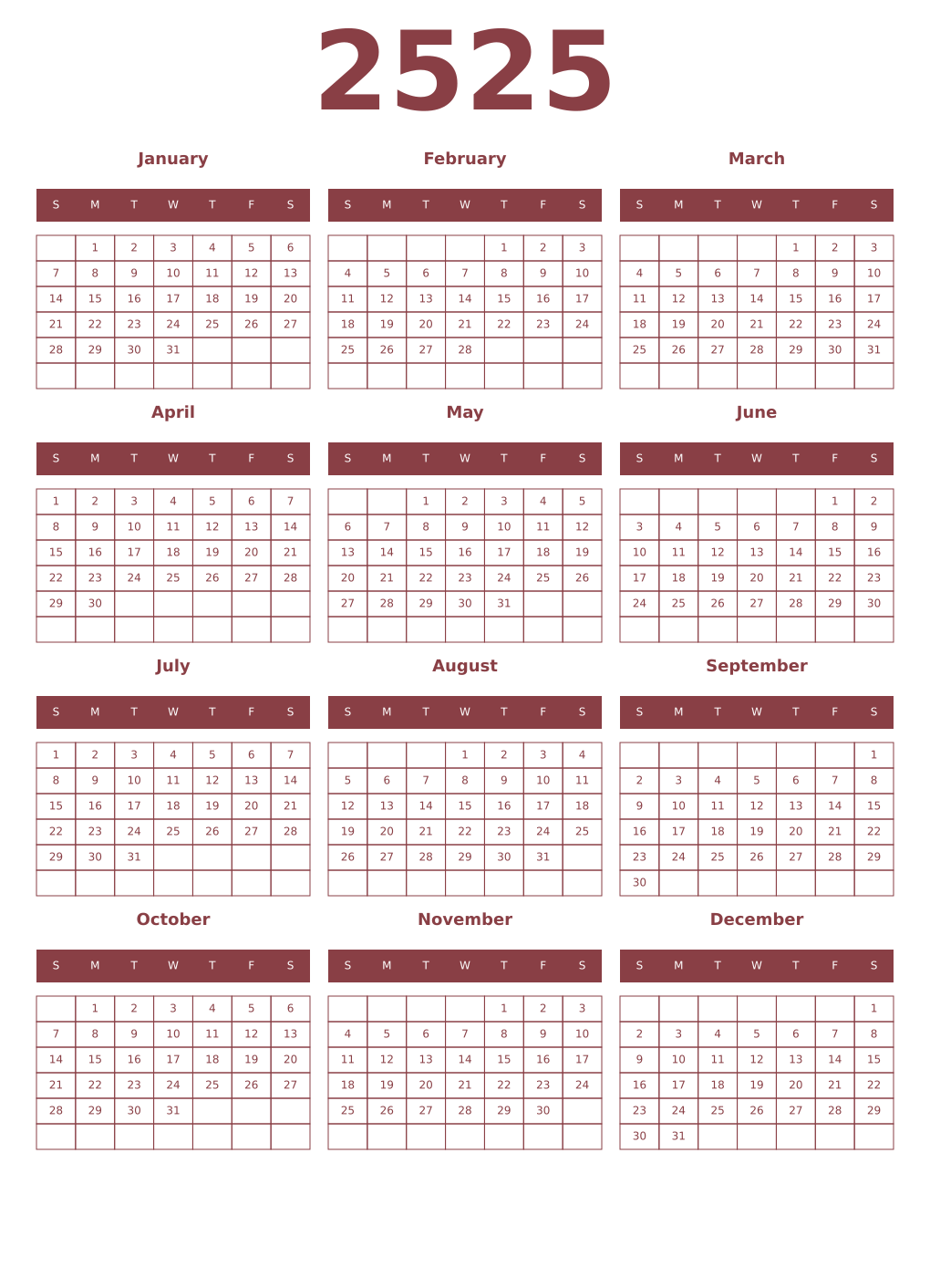 Printable 2525 Year Calendars cordovan