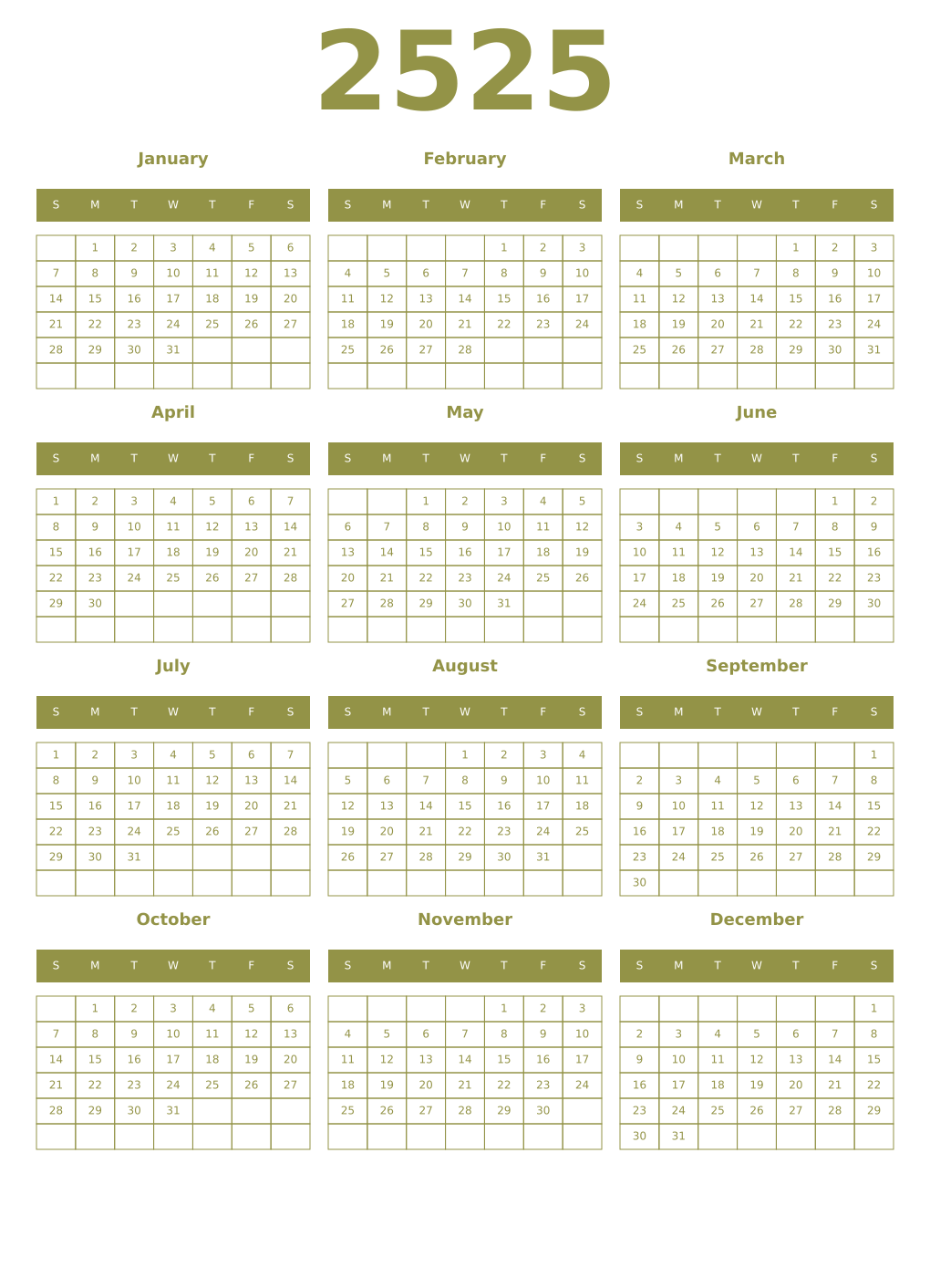 Printable 2525 Year Calendars eburnean