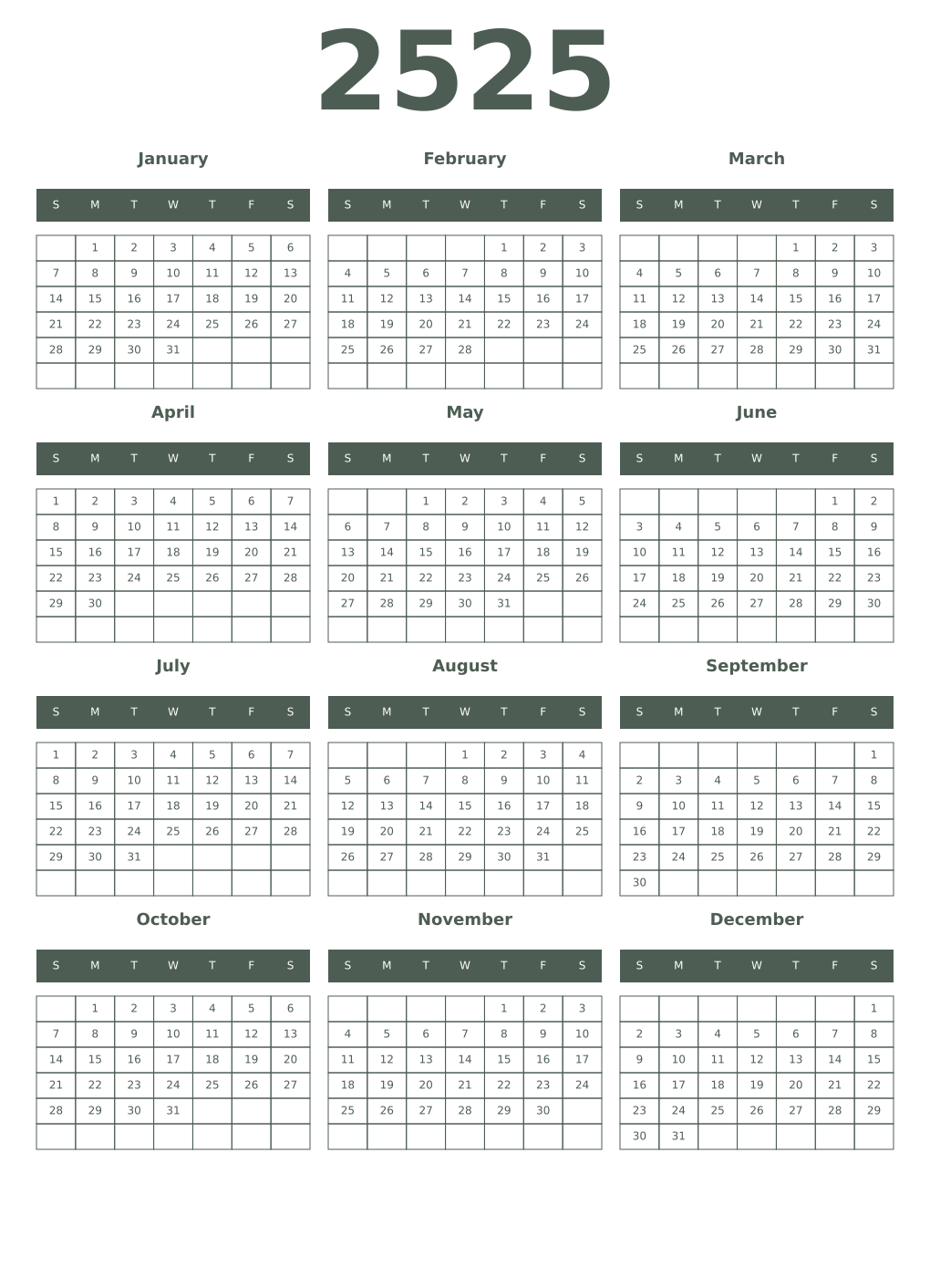 Printable 2525 Year Calendars feldgrau