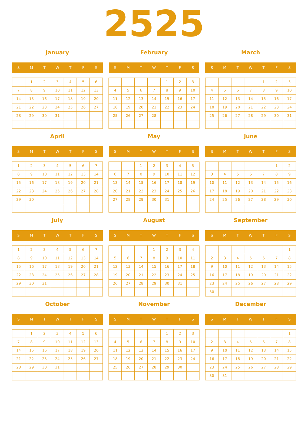 Printable 2525 Year Calendars gamboge