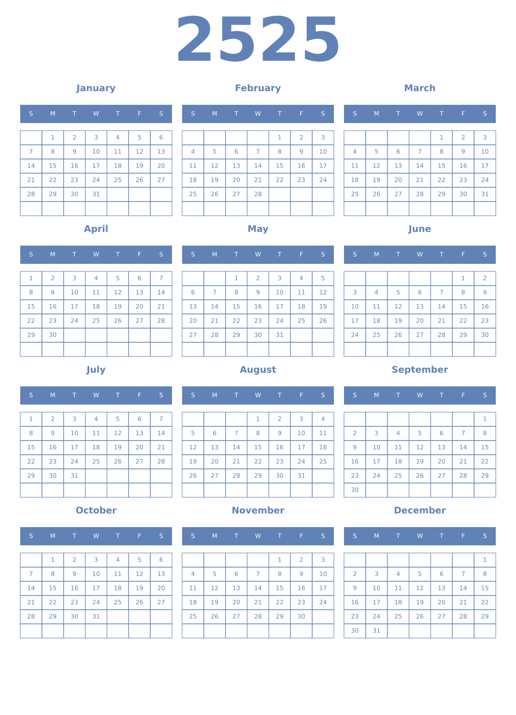 Printable 2525 Year Calendars glaucous
