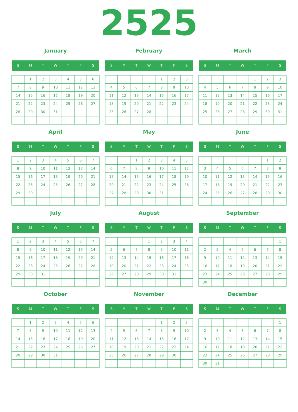 Printable 2525 Year Calendars green
