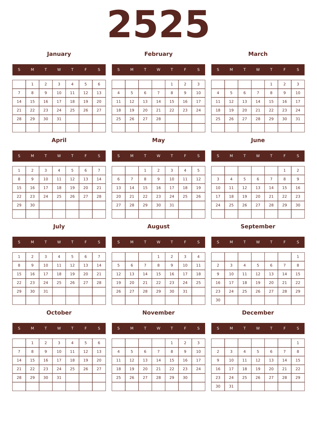 Printable 2525 Year Calendars mortuum