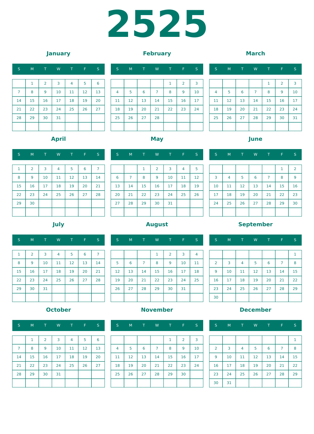 Printable 2525 Year Calendars pastel