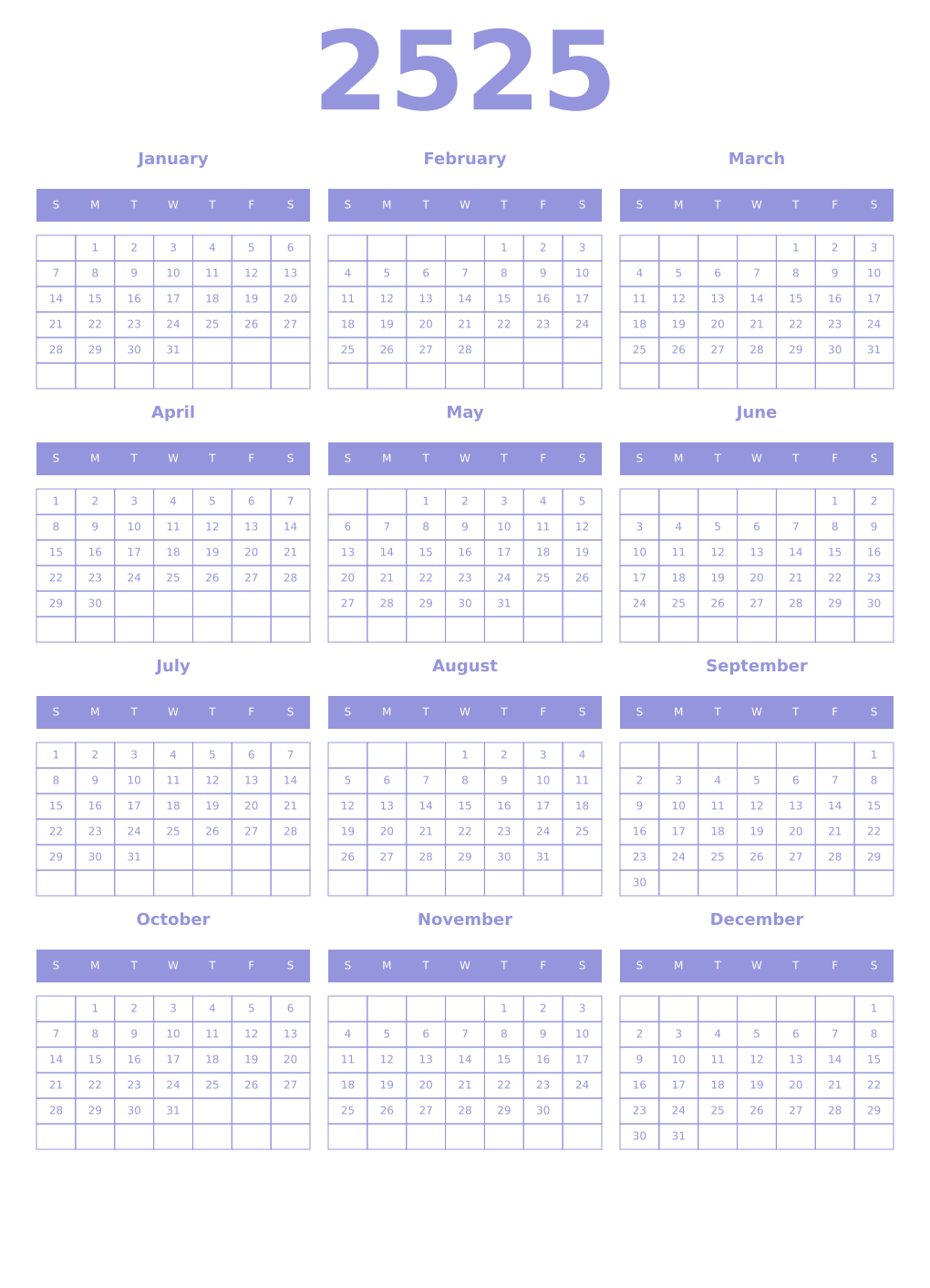 Printable 2525 Year Calendars periwinkle