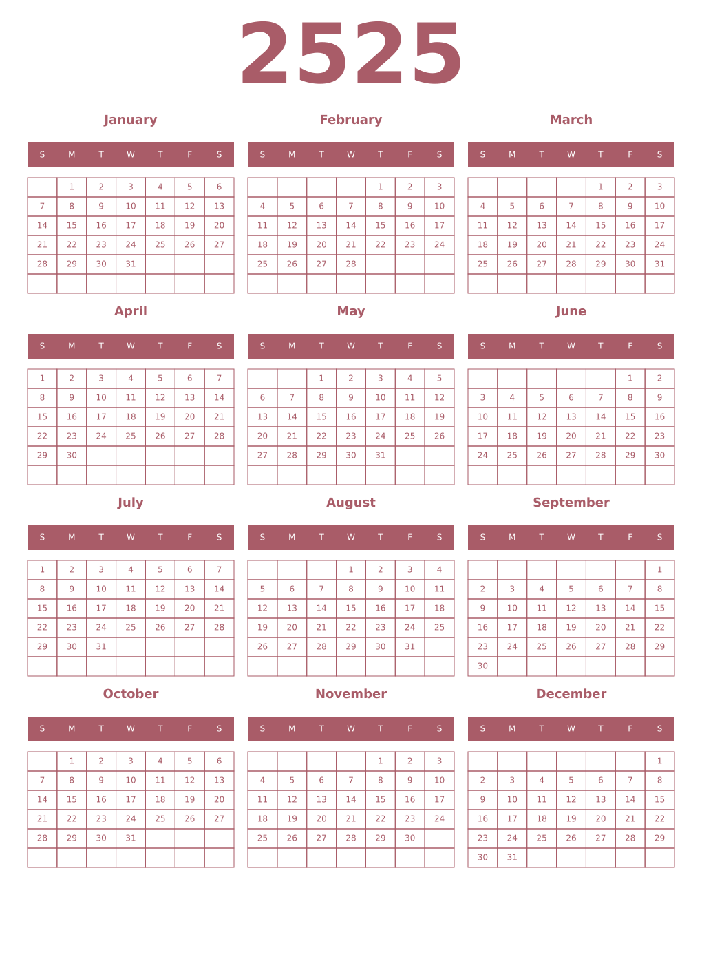Printable 2525 Year Calendars puce