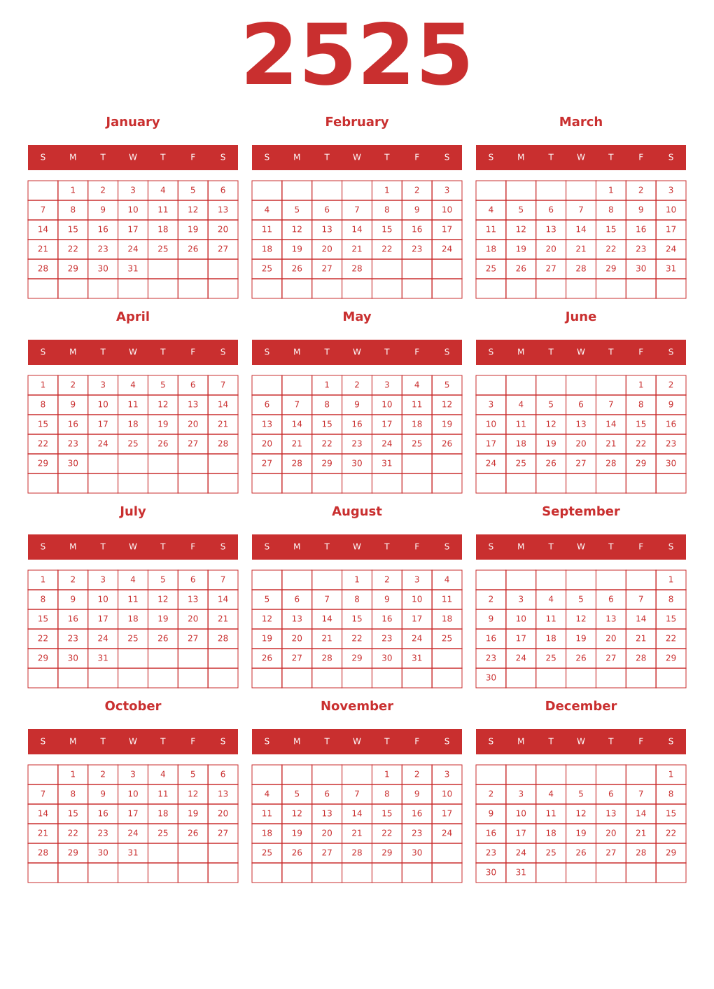 Printable 2525 Year Calendars red